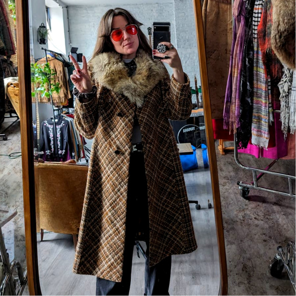 70s Vintage Penny Lane Wool Fur Coat Groovy Plaid Minimal Trench Afghan Jacket - Picture 3 of 11